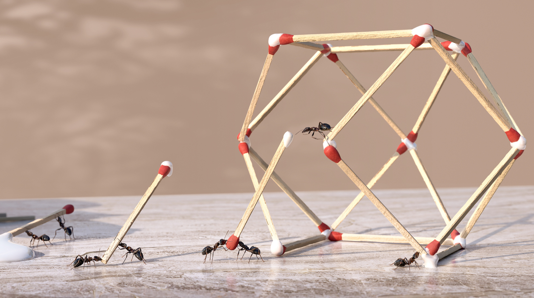 A group of ants work as a team to form a three-dimensional geometric sculpture from glue and matches.  The ants dip the ends of matchsticks in glue dripping from a bottle of glue and are placed in position to form the shape on a marble worktop.